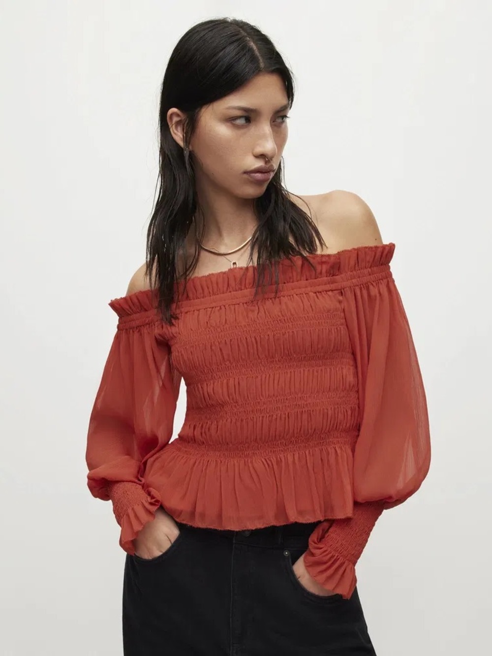 AllSaints Lara Off-The-Shoulder Top in Orange - 10 - Picture 3 of 12